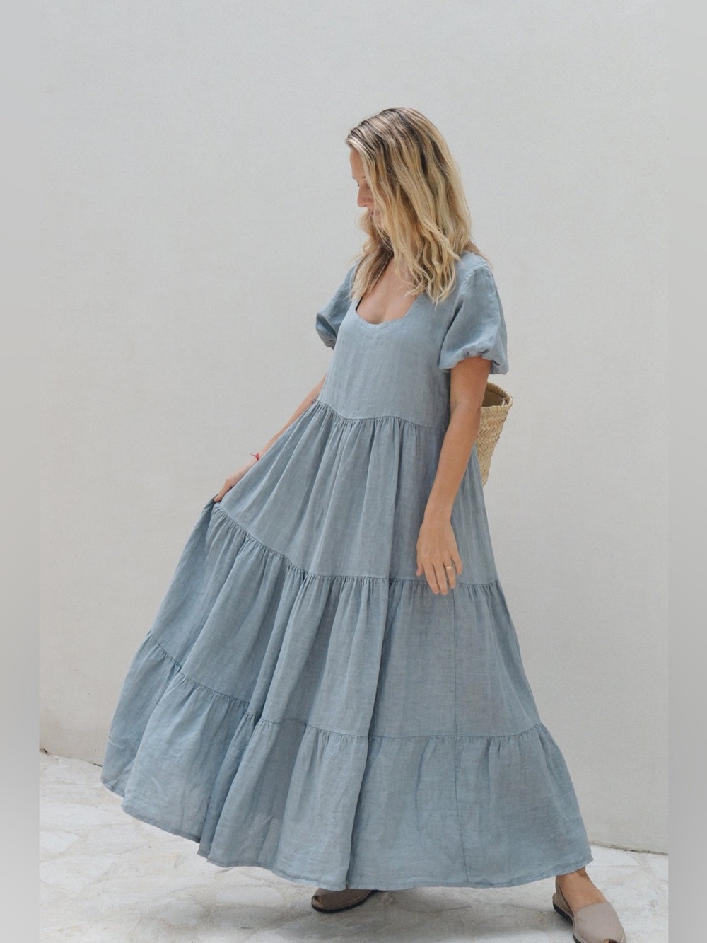 BEACHWOOD BABY The Paloma Dress 100% Linen Slate Blue Size M/L GUC